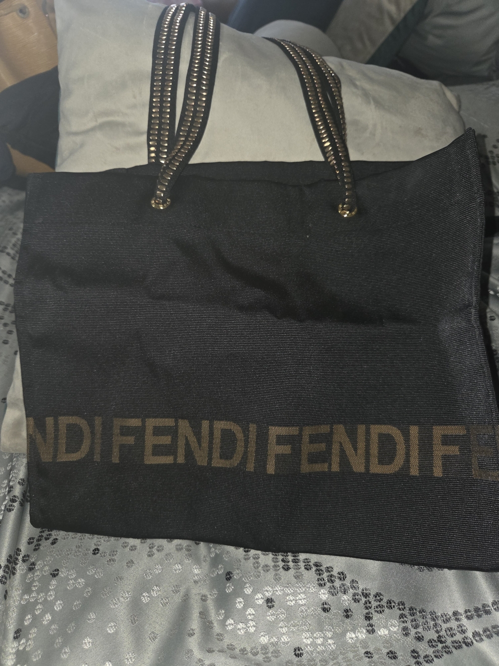Fendi Black Canvas Tote with Rope Handles and Zip Pouch